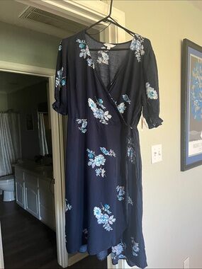 Time and Tru Navy Floral Wrap Midi Dress
